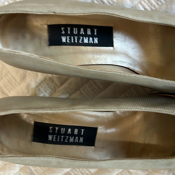 Stuart Weitzman, Sz 7, gold chunky heel taupe fabric, square toe, office siren - Picture 4 of 8